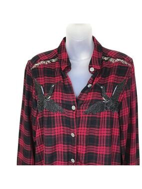The Kooples Black & Red Plaid Button Down Shirt With Studs & Bead Work Size XXS